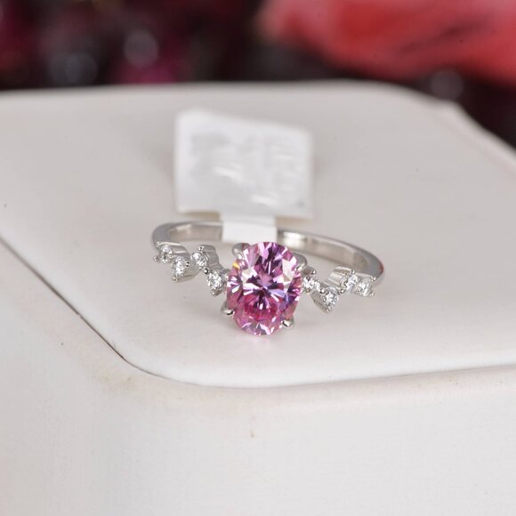Certified 1.5 ct Pink Oval Cut Moissanite Engagement Ring 925 Sterling - Picture 2 of 8